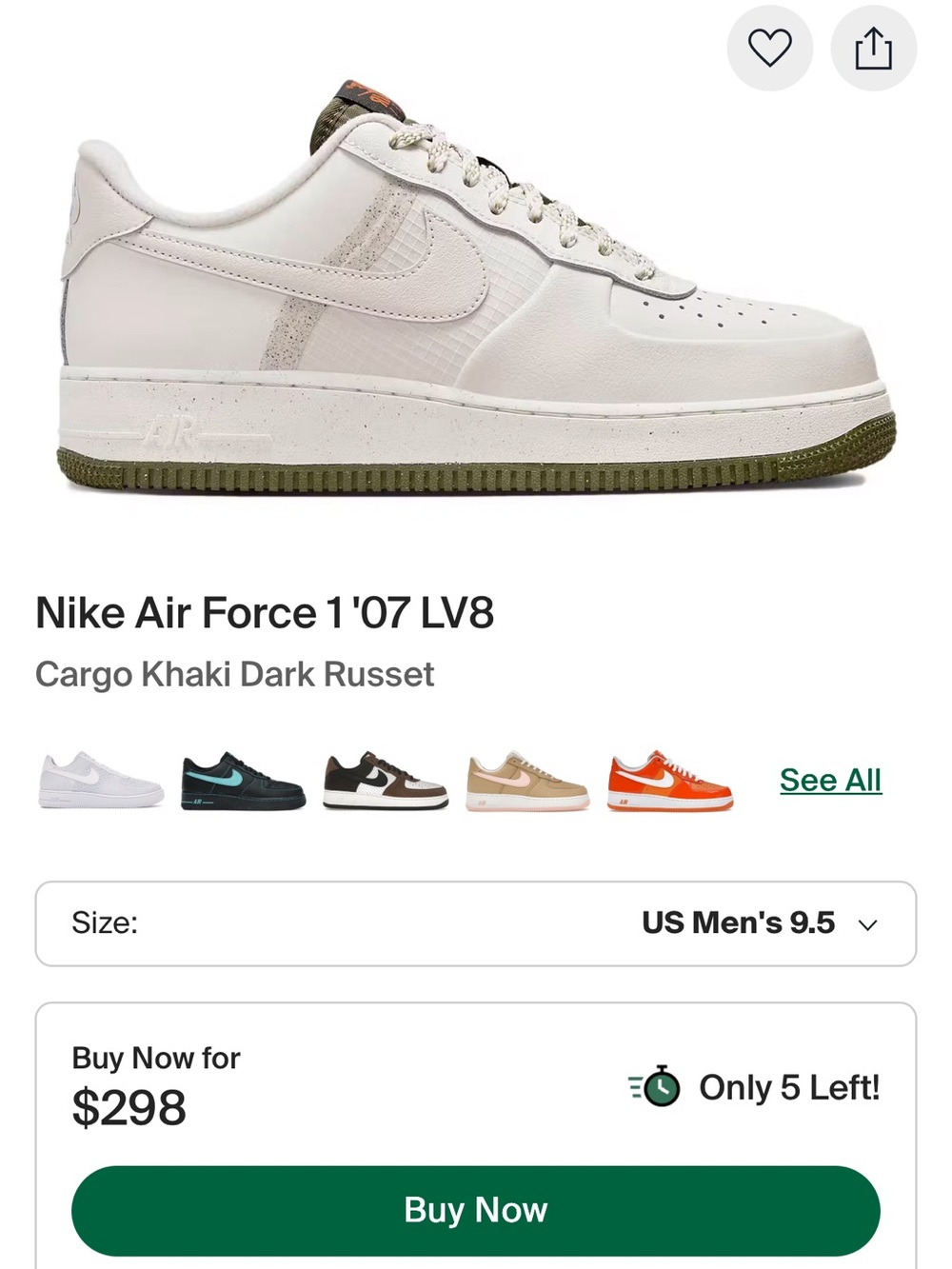 Nike Air Force 1 '07 LV8 White with Olive Outsole -SIZE 10